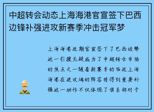 中超转会动态上海海港官宣签下巴西边锋补强进攻新赛季冲击冠军梦